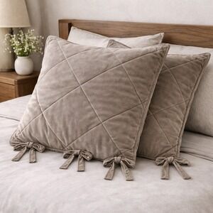 Pottery Barn Velvet Euro Pillow Shams 24" Taupe Diamond Quilted Tie Close Pair